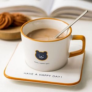 White Yellow Bear HAPPY DAY Ceramic Mug Tea Cup Coffee Saucer Set w Spoon Teacup